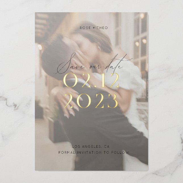 Modern Elegant Black and White Photo Wedding  Foil Invitation (Front)