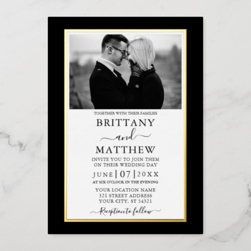 Modern Elegant Black and White Photo Wedding Gold Foil Invitation