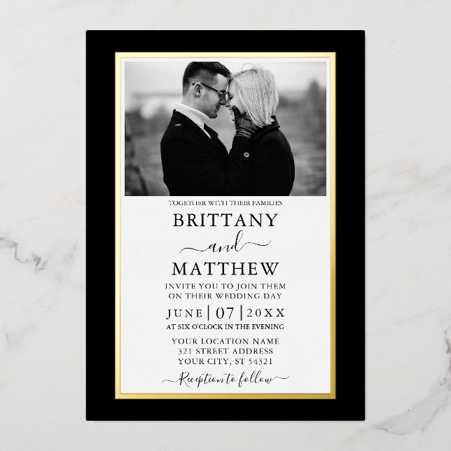 Modern Elegant Black and White Photo Wedding Gold Foil Invitation (Front)