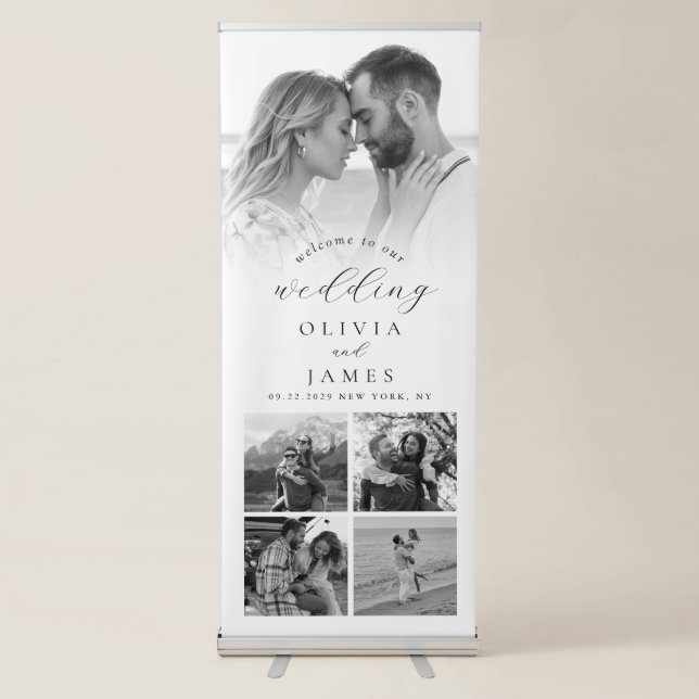 Modern Elegant Black and White Photo Wedding Retractable Banner (Front)