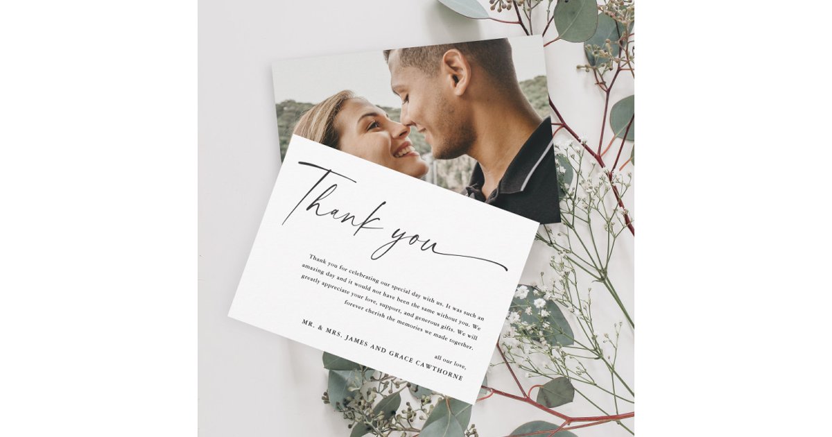 Modern Elegant Black and White Photo Wedding Thank You Card | Zazzle