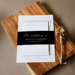 Modern Elegant Black and White Script Wedding Invitation Belly Band