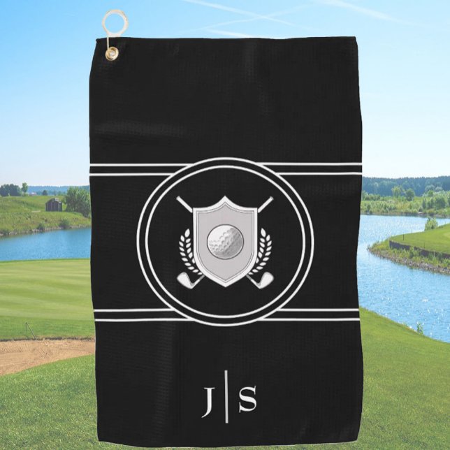 Modern Elegant Black and White Stylish Monogrammed Golf Towel (Creator Uploaded)