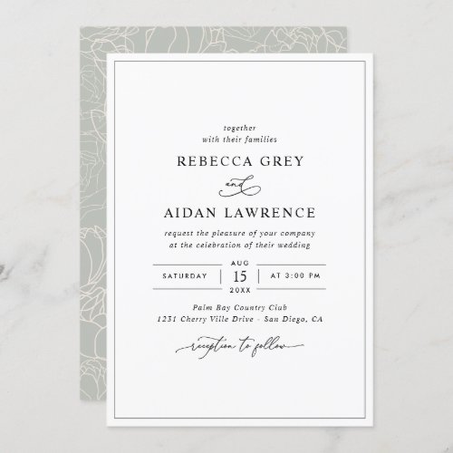 Modern Elegant Black and White Wedding Invitation - This elegant Wedding Invitation features a sweeping script calligraphy text paired with a classy serif & modern sans font in black, and frosted sage green back (color can be edited) with a floral line art pattern & a customizable monogram. Matching items available.