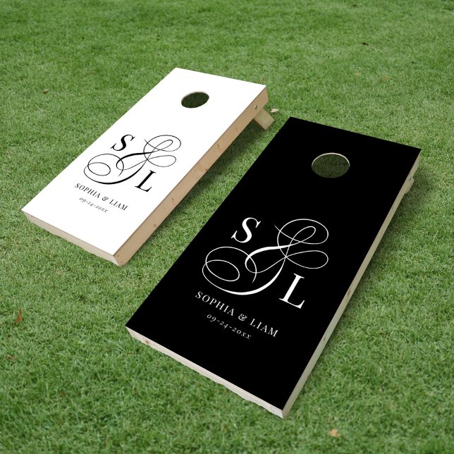 Modern Elegant Black and White Wedding Monogram Cornhole Set (Creator Uploaded)
