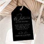 Modern Elegant Black and White Wedding Welcome Gift Tags<br><div class="desc">These elegant calligraphy wedding welcome gift tags are perfect for both casual and formal weddings. The design features a modern white calligraphy script with a black background or color of your choice. Personalize the black and white wedding welcome gift tags with a short welcome message, your names, etc. The minimalist...</div>