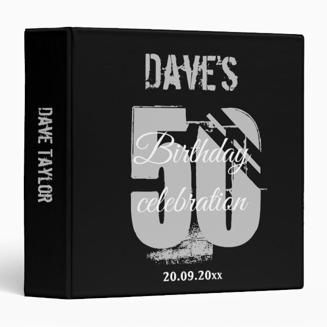 Modern Elegant Black Any Age 50th Birthday  3 Ring Binder (Front/Spine)