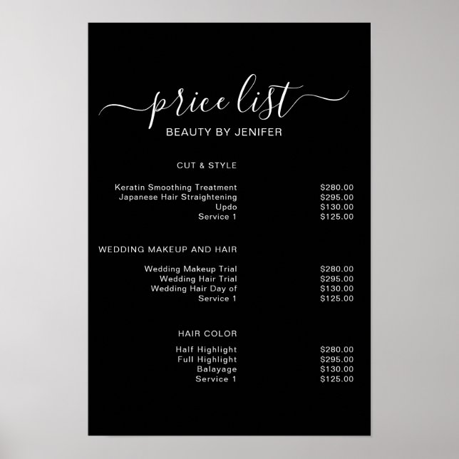 Modern Elegant Black Beauty salon price list Poster (Front)