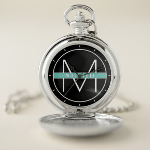 Modern Elegant Black & Blue Custom Name Monogram Pocket Watch