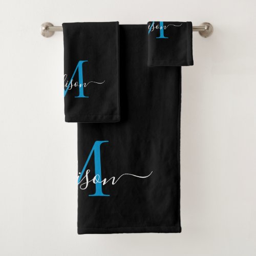 Modern Elegant Black Blue Monogram Script Name Bath Towel Set