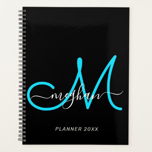 Modern Elegant Black Blue Script Monogram 2022 Planner