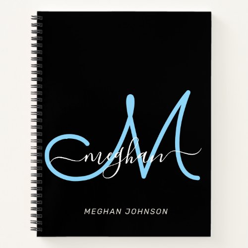 Modern Elegant Black Blue Script Monogram Notebook