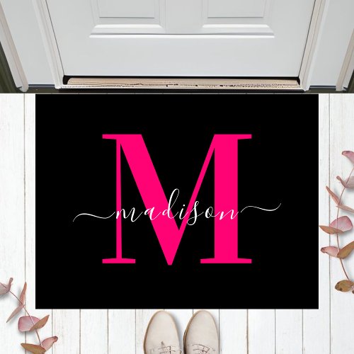 Modern Elegant Black  Bold Pink Monogram Initials Doormat