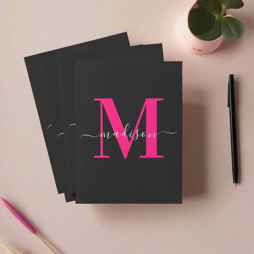 Modern Elegant Black  Bold Pink Monogram Initials Pocket Folder