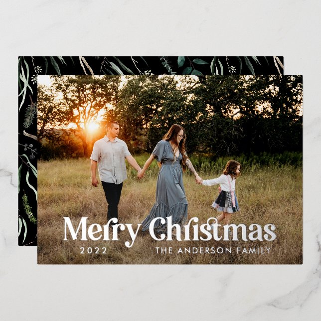Modern elegant black botanical typography photo foil holiday card (Front/Back)
