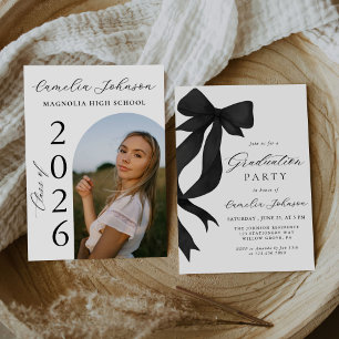 Modern Elegant Black Bow Arch Photo Graduation Invitation