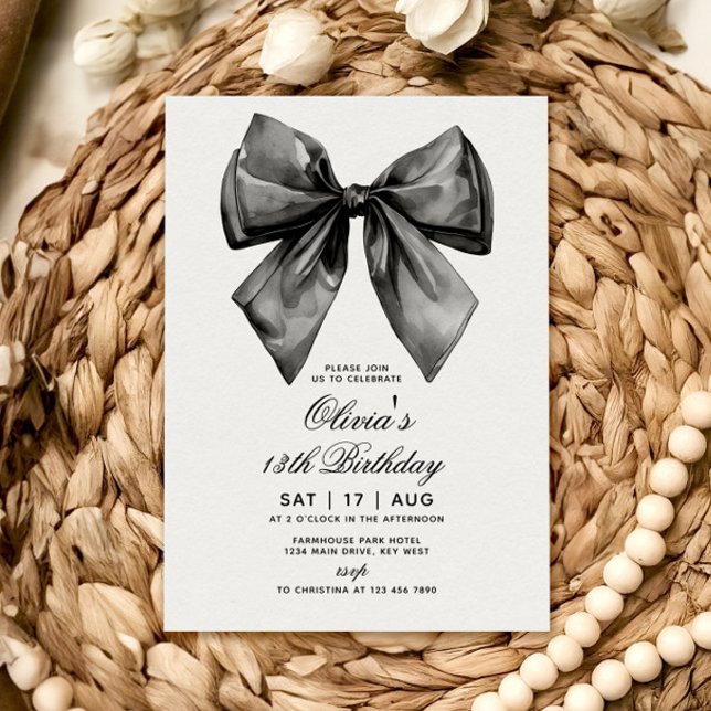 Modern Elegant Black Bow Birthday Invitation (Creator Uploaded)