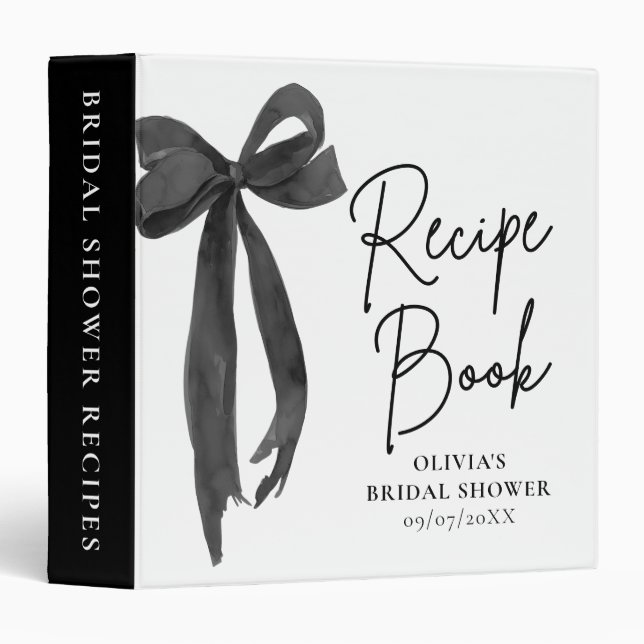Modern Elegant Black Bow Bridal Shower Recipe Book 3 Ring Binder (Front/Spine)