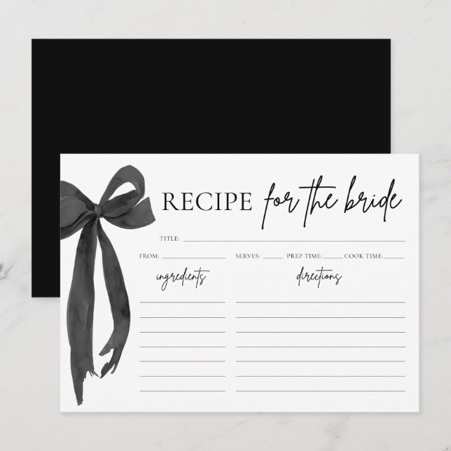 Modern Elegant Black Bow Bridal Shower Recipe Card (Front/Back)