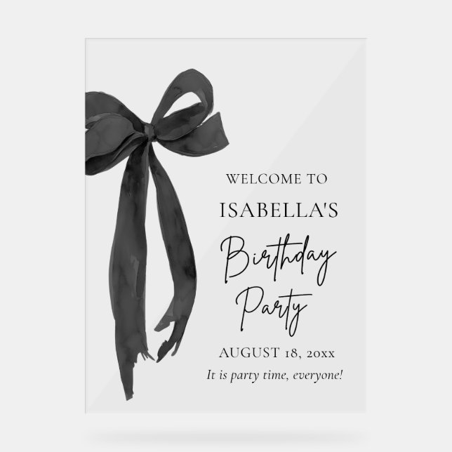Modern Elegant Black Bow Coquette Birthday Welcome Acrylic Sign (Front)