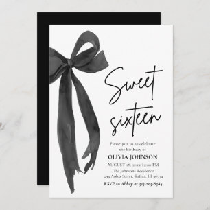 Modern Elegant Black Bow Sweet 16 Birthday Party Invitation