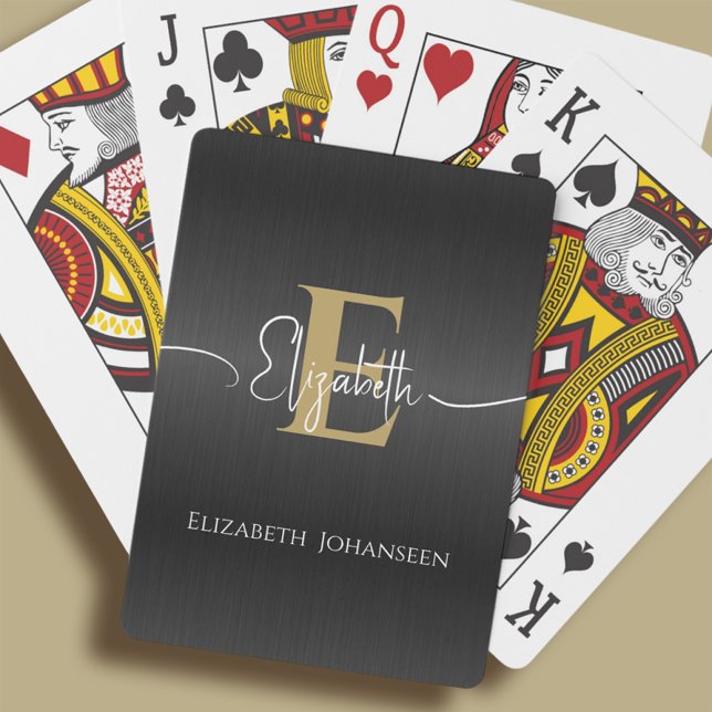 Modern Elegant Black Brushed Metal Gold Monogram Poker Cards (Creator Uploaded)