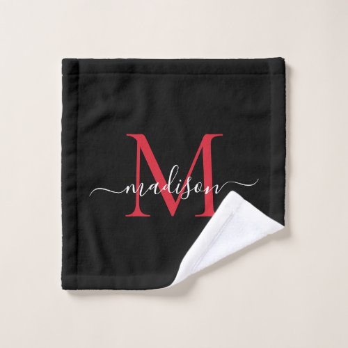 Modern Elegant Black Burgundy Red Monogram Script Wash Cloth
