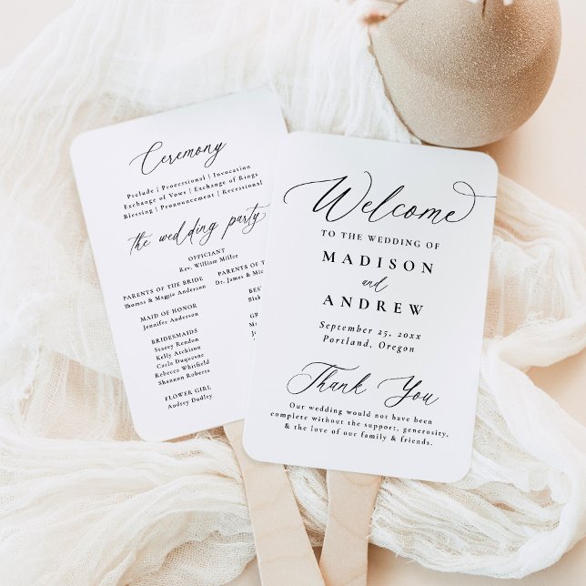 Modern Elegant Black Calligraphy Wedding Program Hand Fan (Creator Uploaded)