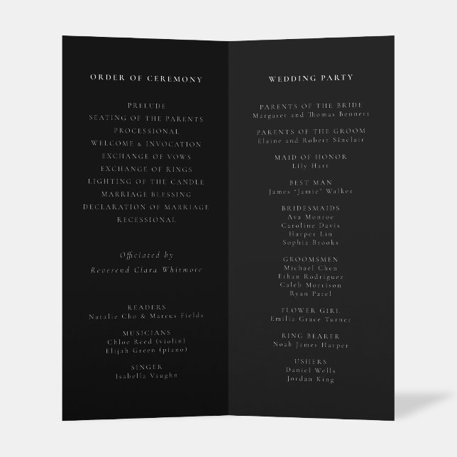 Modern Elegant Black Custom Wedding Program Brochure (Inside Standing)