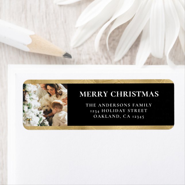 Modern Elegant Black & Faux Gold Christmas Photo Label (Insitu)