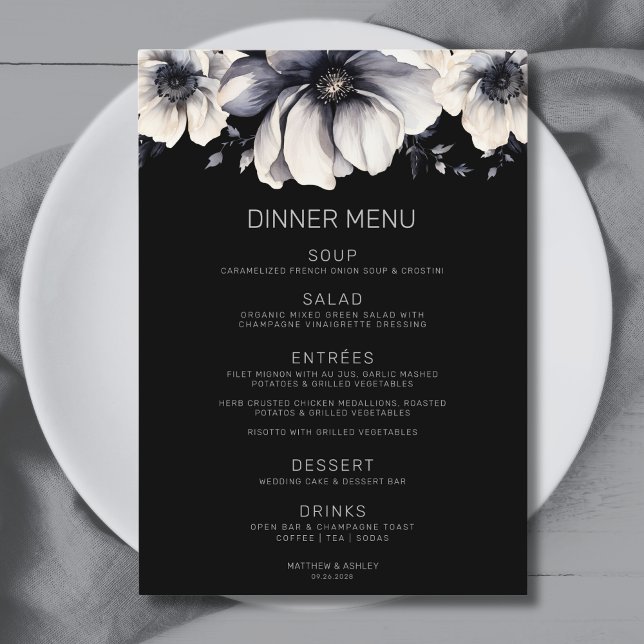 Modern Elegant Black Floral Wedding Menu (Modern Elegant Black Floral Wedding Menu)