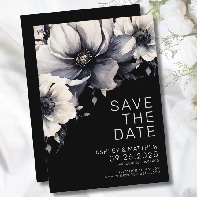 Modern Elegant Black Floral Wedding Save The Date (Botanical Modern Elegant Black Floral Wedding Save The Date)