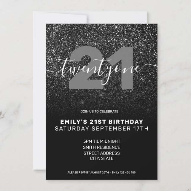 Modern Elegant Black Glitter 21st Birthday Invitation (Front)