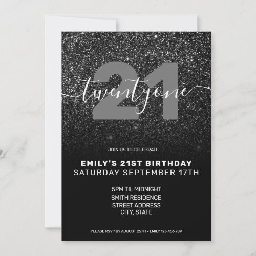 Modern Elegant Black Glitter 21st Birthday Invitation