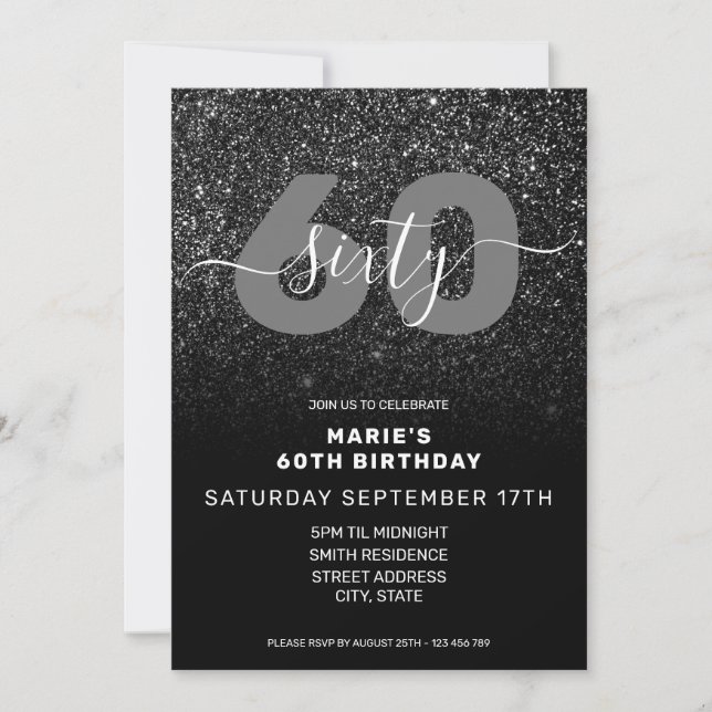 Modern Elegant Black Glitter 60th Birthday Invitation (Front)