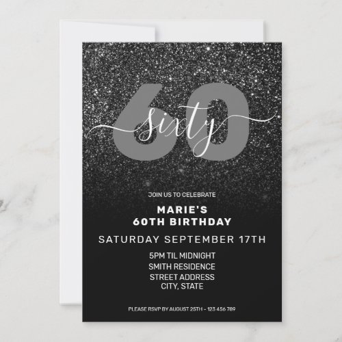 Modern Elegant Black Glitter 60th Birthday Invitation
