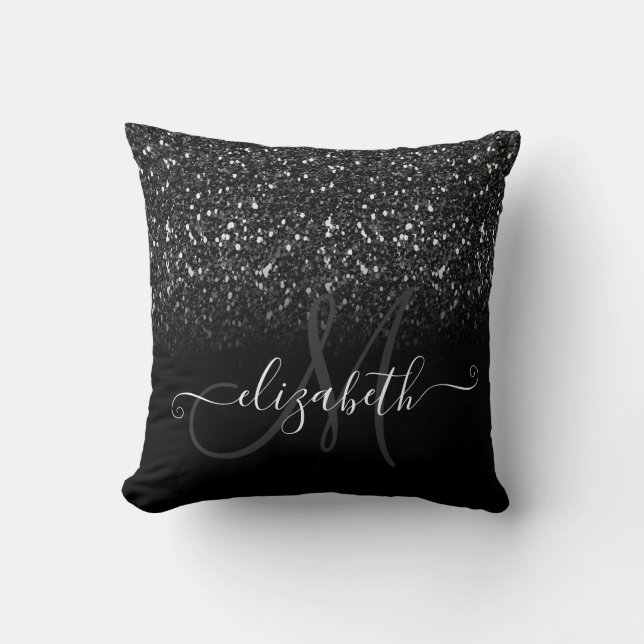 Modern Elegant Black Glitter Monogram Throw Pillow (Front)