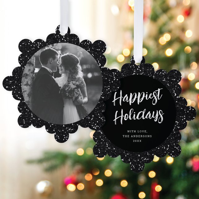 Modern Elegant Black Glitter Photo Christmas Ornament Card (Creator Uploaded)