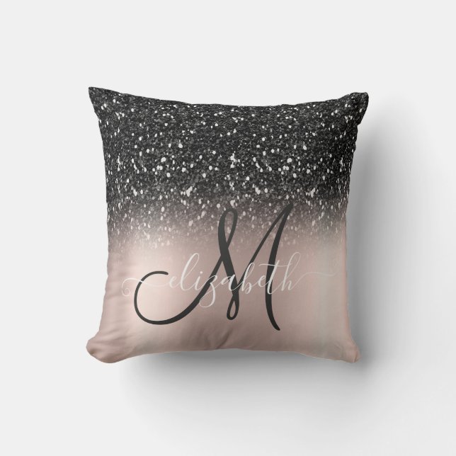 Modern Elegant Black Glitter  Rose Gold  Monogram Throw Pillow (Front)