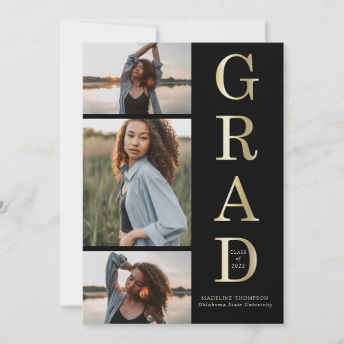 Modern Elegant Black Gold 3 Photo Graduation Announcement