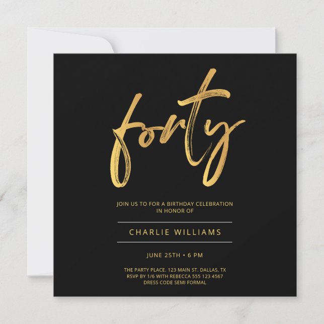 Modern Elegant Black Gold 40th Birthday Invitation (Front)