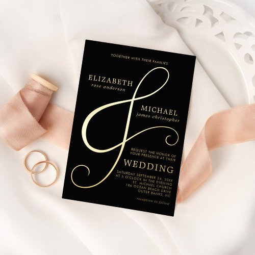 Modern Elegant Black Gold Ampersand Wedding Foil Invitation
