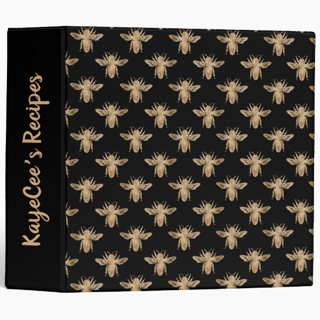 Modern Elegant Black & Gold Bee Pattern 3 Ring Bin 3 Ring Binder (Front/Spine)