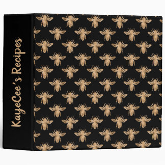Modern Elegant Black & Gold Bee Pattern 3 Ring Bin Binder