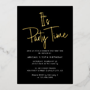 Modern Elegant Black & Gold Birthday Party Time Foil Invitation