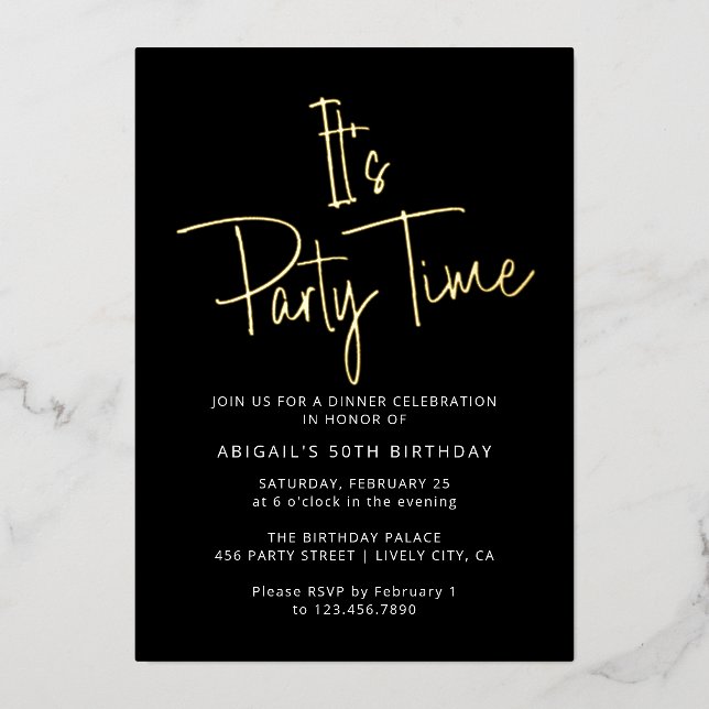 Modern Elegant Black & Gold Birthday Party Time Foil Invitation (Front)