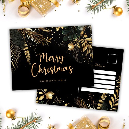 Modern Elegant Black Gold Botanical Christmas Holiday Postcard
