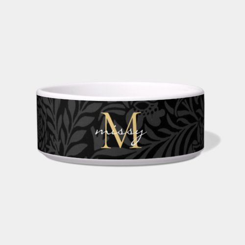 Modern Elegant Black Gold Floral Script Monogram Bowl