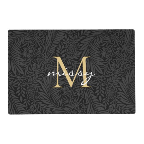 Modern Elegant Black Gold Floral Script Monogram Placemat