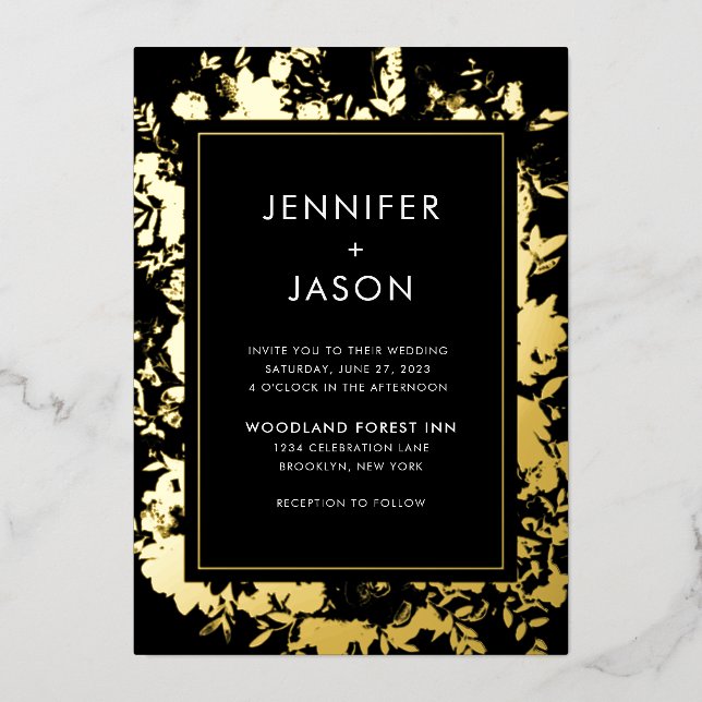 Modern Elegant Black Gold Floral Wedding Foil Invitation (Front)